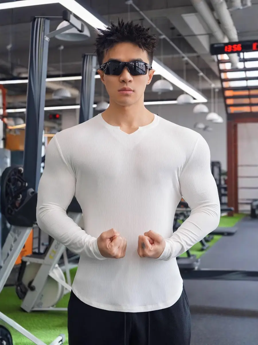 Men's White Long Sleeve Muscle Sports T-Shirt - Image 9