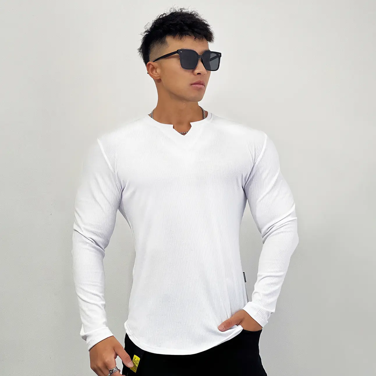 Men's White Long Sleeve Muscle Sports T-Shirt — feature 32