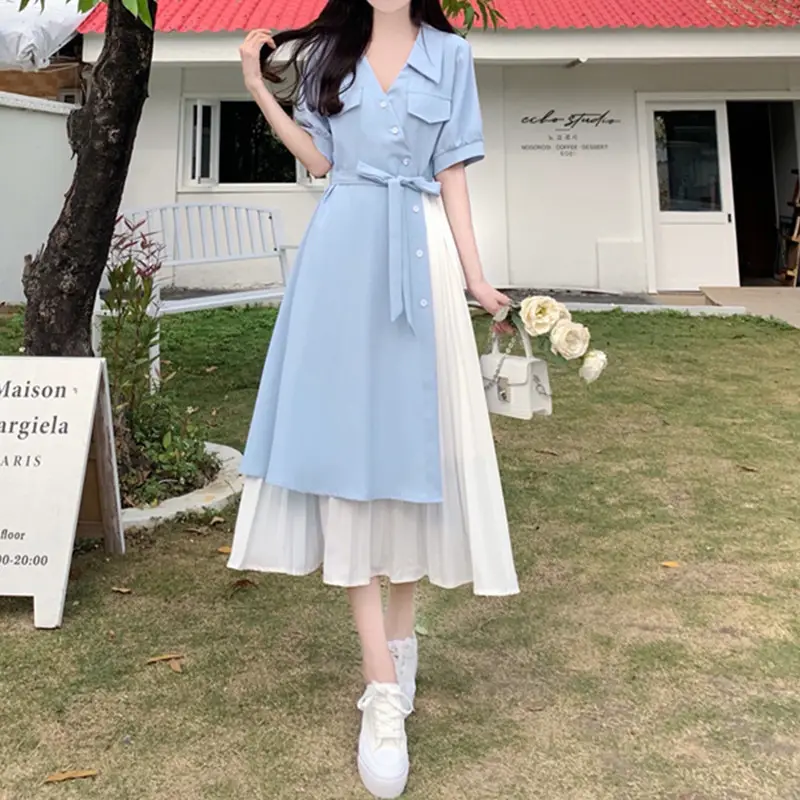 2026 Summer Fake Pink V-Neck Tie Waist Dress - Image 7