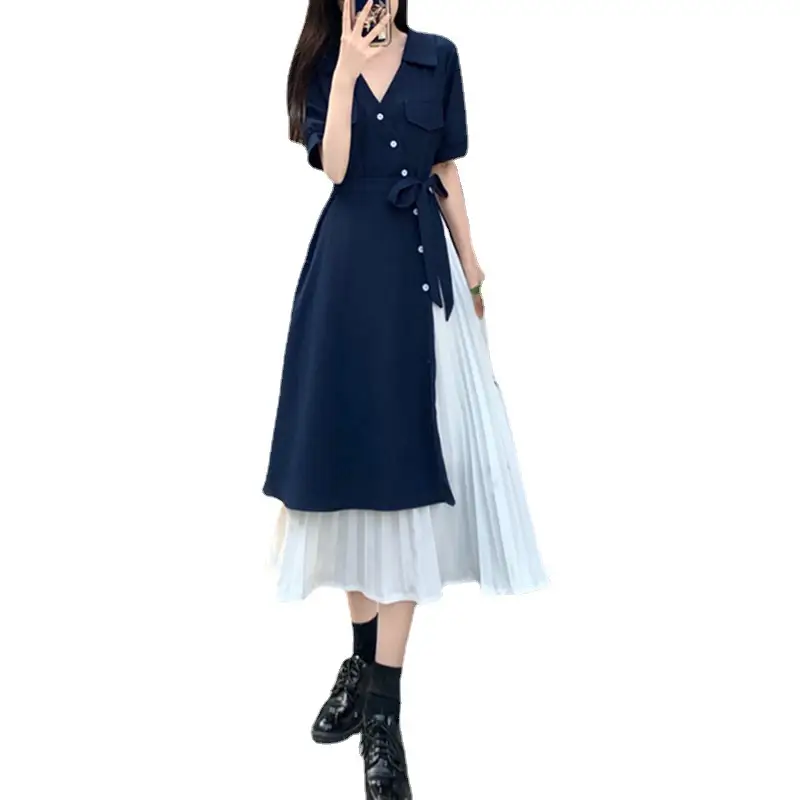 2026 Summer Fake Pink V-Neck Tie Waist Dress - Image 9