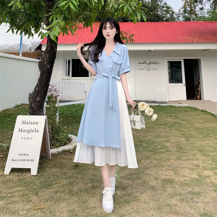 2026 Summer Fake Pink V-Neck Tie Waist Dress — feature 1