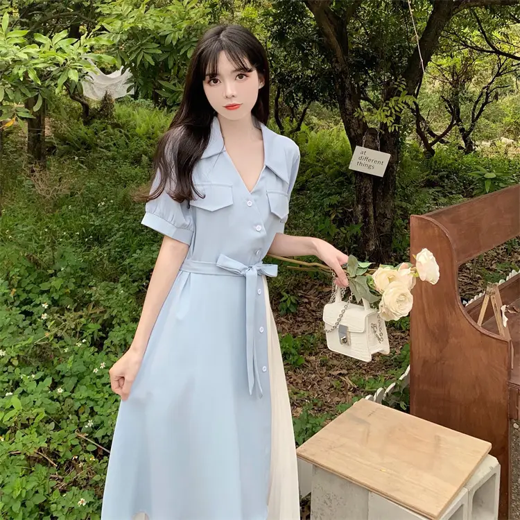 2026 Summer Fake Pink V-Neck Tie Waist Dress — feature 11
