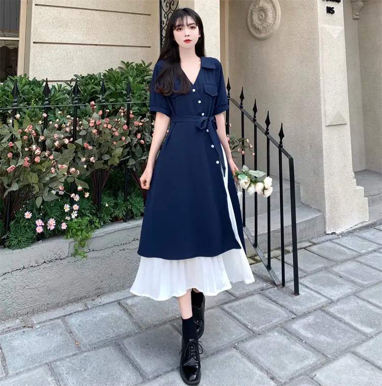 2026 Summer Fake Pink V-Neck Tie Waist Dress — feature 20