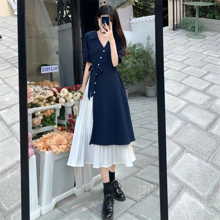 2026 Summer Fake Pink V-Neck Tie Waist Dress — feature 21