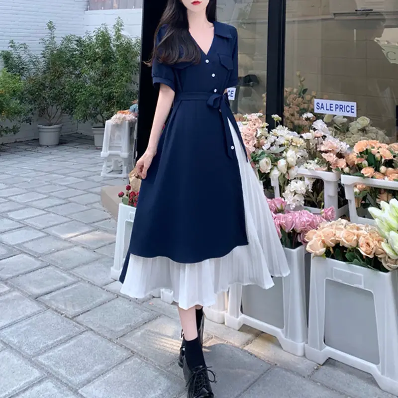 2026 Summer Fake Pink V-Neck Tie Waist Dress - Image 2