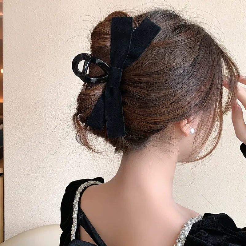 Black Double-Sided Bow Large Grabber Fugitive Princess Headdress Large Elegant Shark Clip Back of the Head Hairpin - Image 8