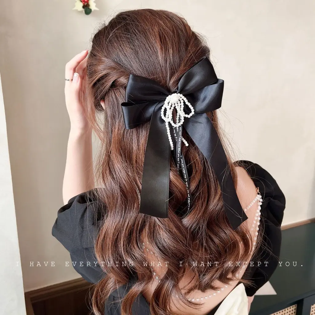 Black Double-Sided Bow Large Grabber Fugitive Princess Headdress Large Elegant Shark Clip Back of the Head Hairpin - Image 27