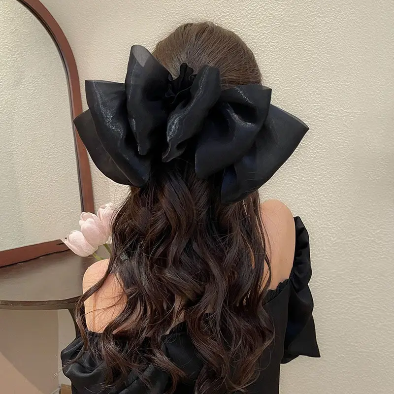 Black Double-Sided Bow Large Grabber Fugitive Princess Headdress Large Elegant Shark Clip Back of the Head Hairpin - Image 30