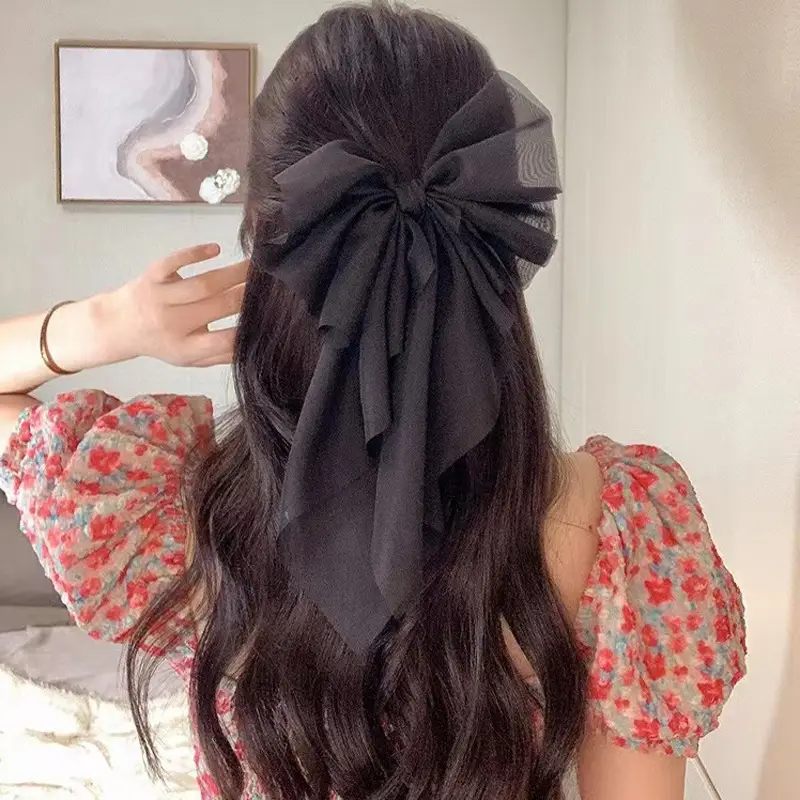 Black Double-Sided Bow Large Grabber Fugitive Princess Headdress Large Elegant Shark Clip Back of the Head Hairpin - Image 36