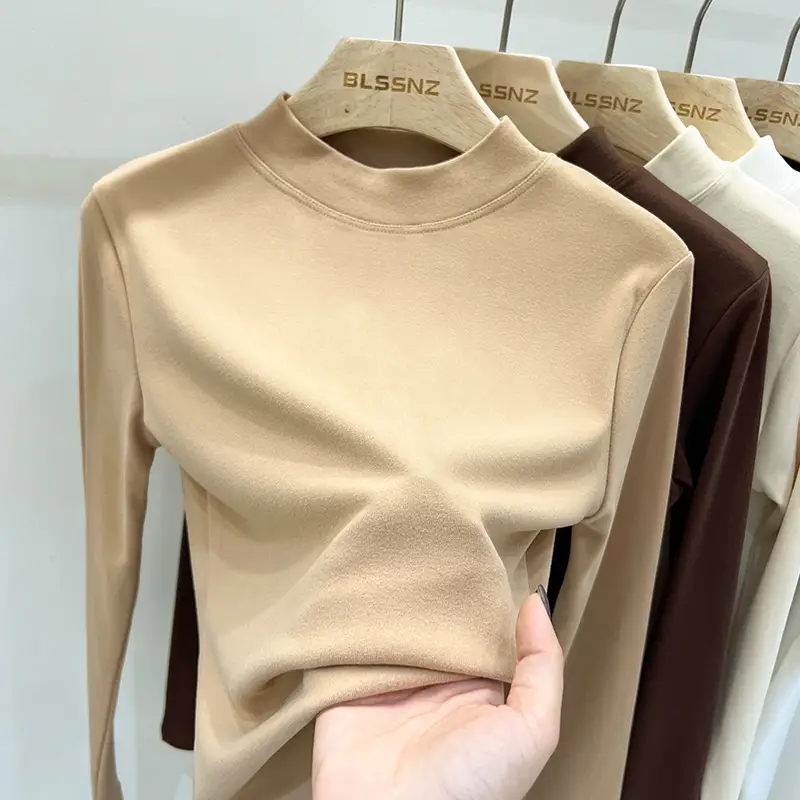 Women Velvet Half Turtleneck Shirt Brown Long Sleeve - Image 3