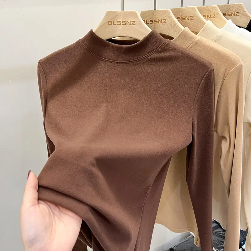 Women Velvet Half Turtleneck Shirt Brown Long Sleeve - Image 4