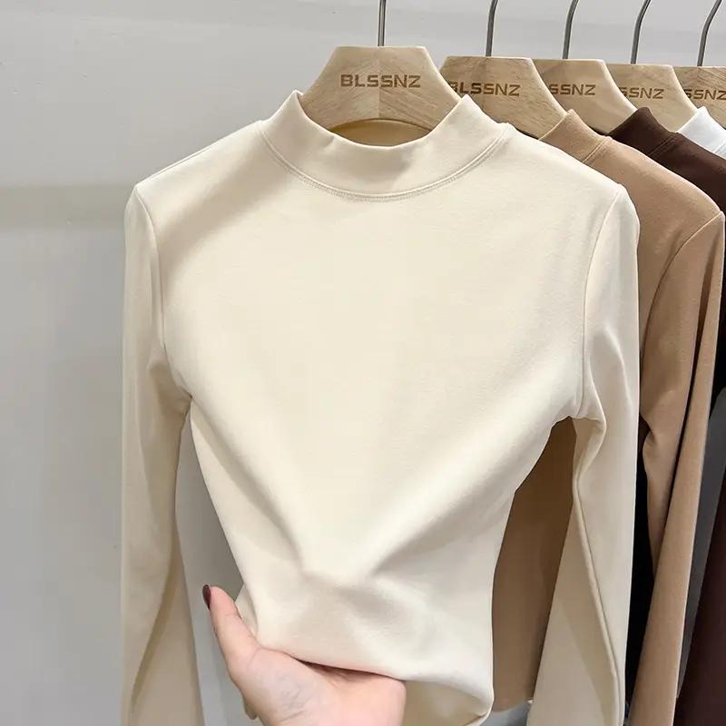Women Velvet Half Turtleneck Shirt Brown Long Sleeve - Image 2