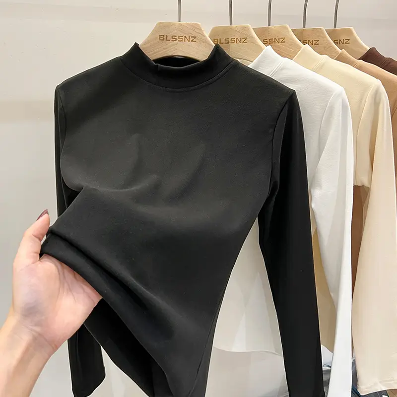 Women Velvet Half Turtleneck Shirt Brown Long Sleeve - Image 5