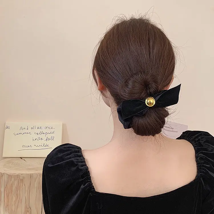 Black Bow Hair Band with Gold Button for Women