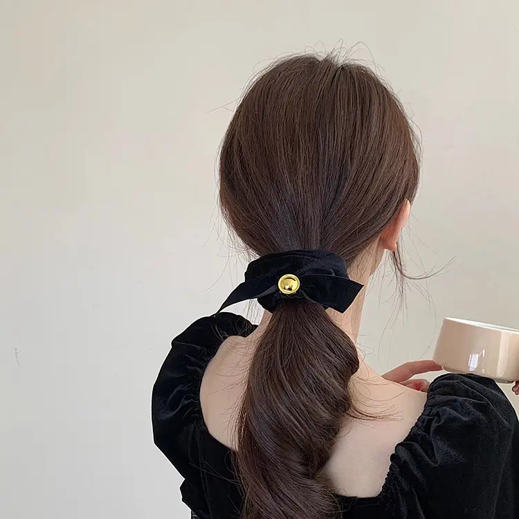Black Bow Hair Band with Gold Button for Women