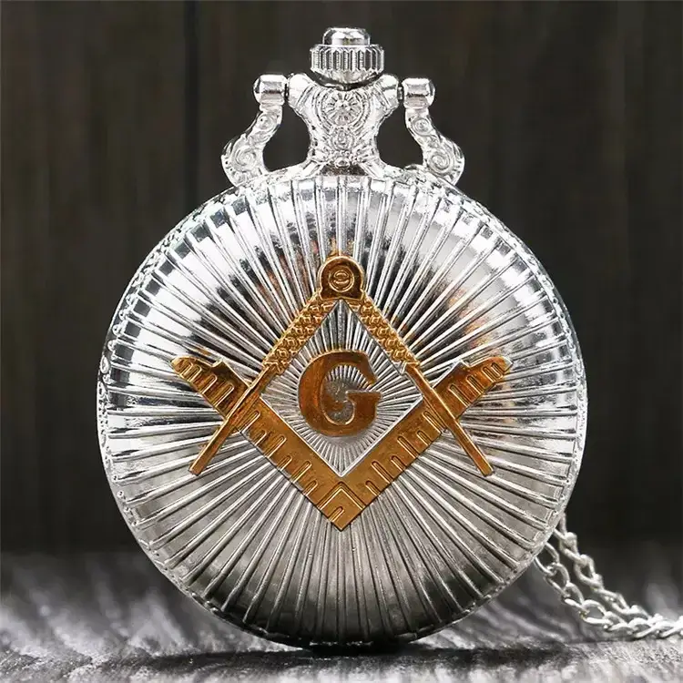 Cool Silver & Gold Bronze Masonic Pocket Watch Necklace Quartz - Image 3