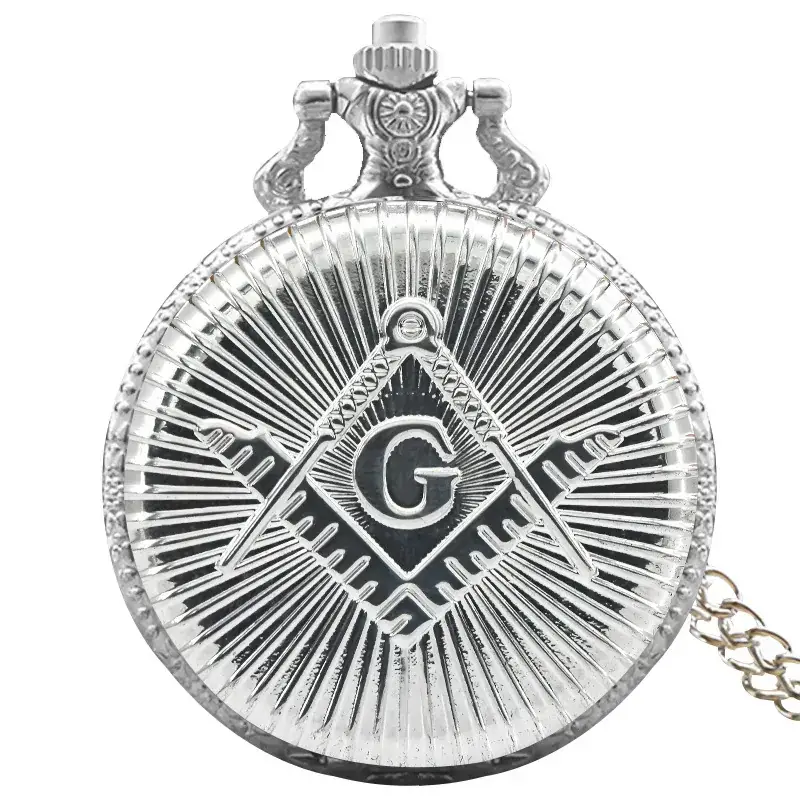 Cool Silver & Gold Bronze Masonic Pocket Watch Necklace Quartz - Image 4