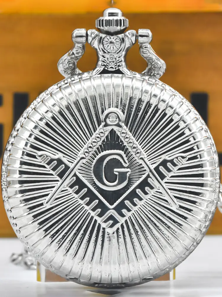 Cool Silver & Gold Bronze Masonic Pocket Watch Necklace Quartz — feature 18