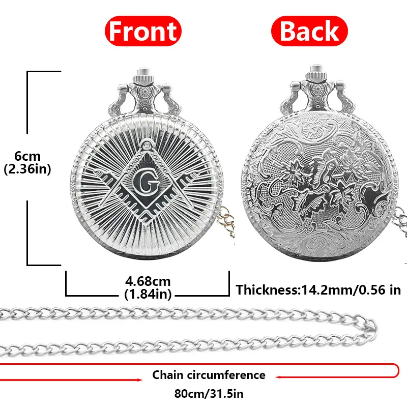 Cool Silver & Gold Bronze Masonic Pocket Watch Necklace Quartz — feature 32