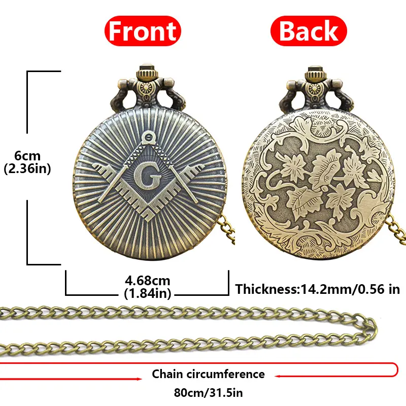 Cool Silver & Gold Bronze Masonic Pocket Watch Necklace Quartz — feature 5