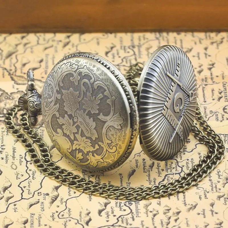 Cool Silver & Gold Bronze Masonic Pocket Watch Necklace Quartz — feature 9