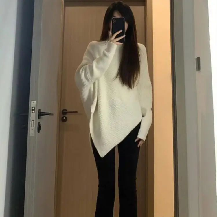Women Red Asymmetrical Knitted Sweater Winter Warm Loose Fit - Image 5