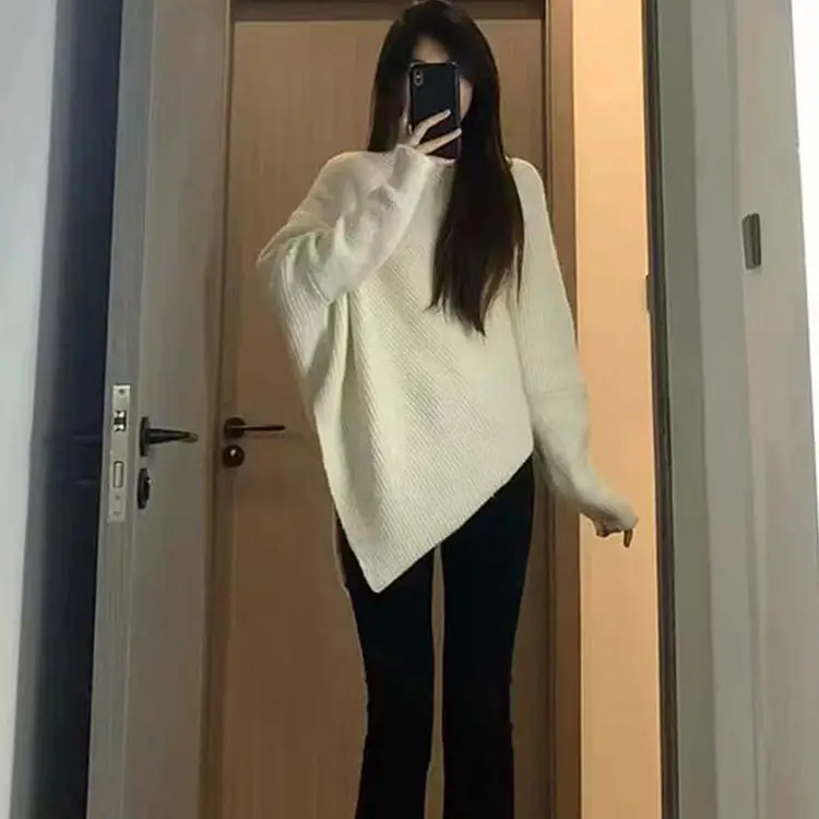 Women Red Asymmetrical Knitted Sweater Winter Warm Loose Fit - Image 6