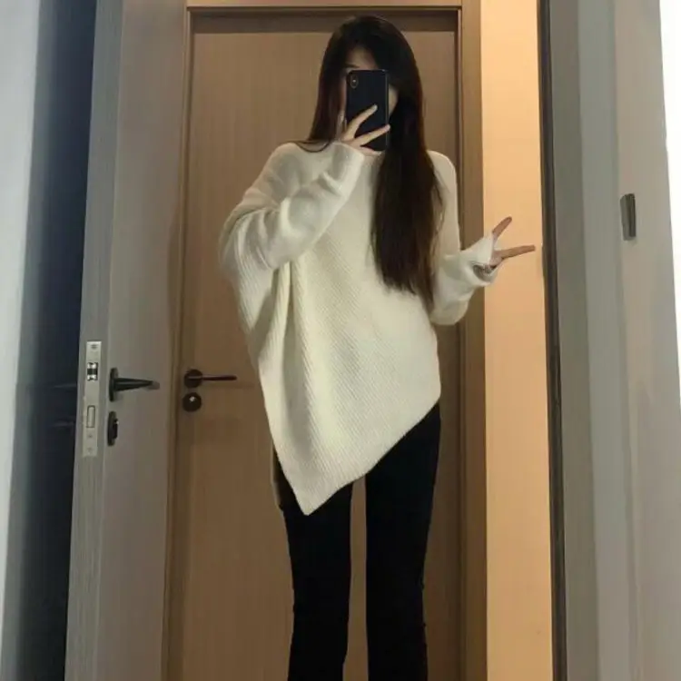 Women Red Asymmetrical Knitted Sweater Winter Warm Loose Fit - Image 7