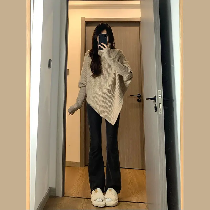 Women Red Asymmetrical Knitted Sweater Winter Warm Loose Fit — feature 10