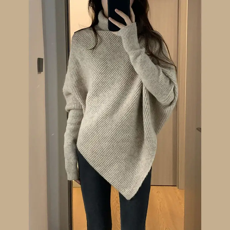 Women Red Asymmetrical Knitted Sweater Winter Warm Loose Fit — feature 11