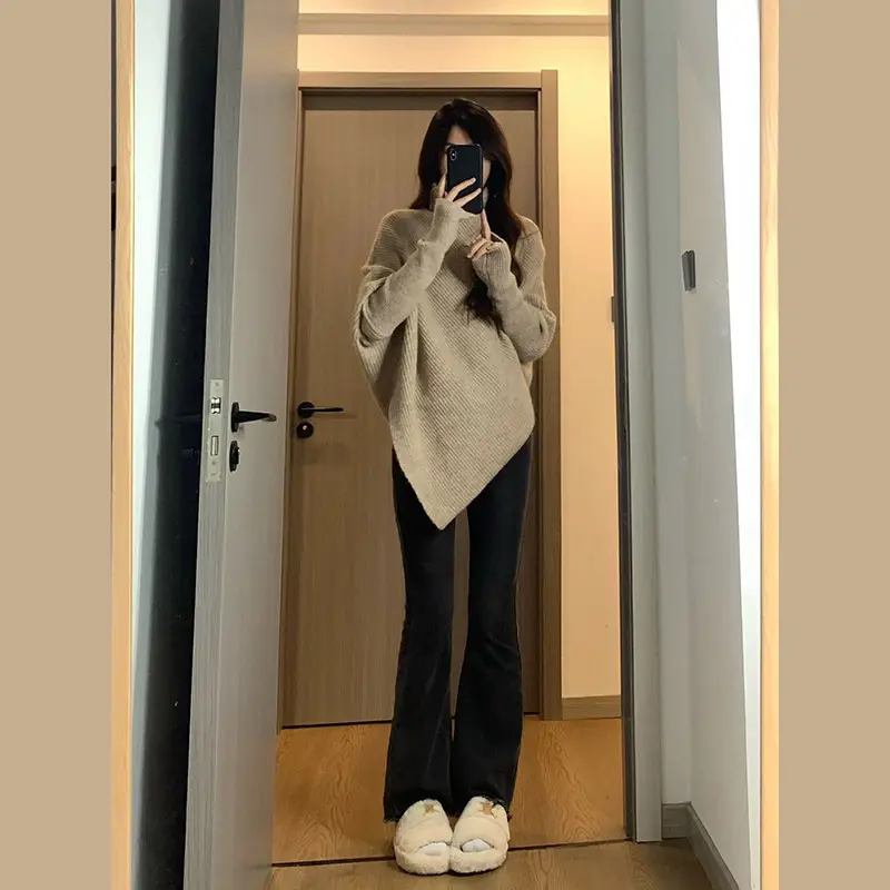 Women Red Asymmetrical Knitted Sweater Winter Warm Loose Fit — feature 12