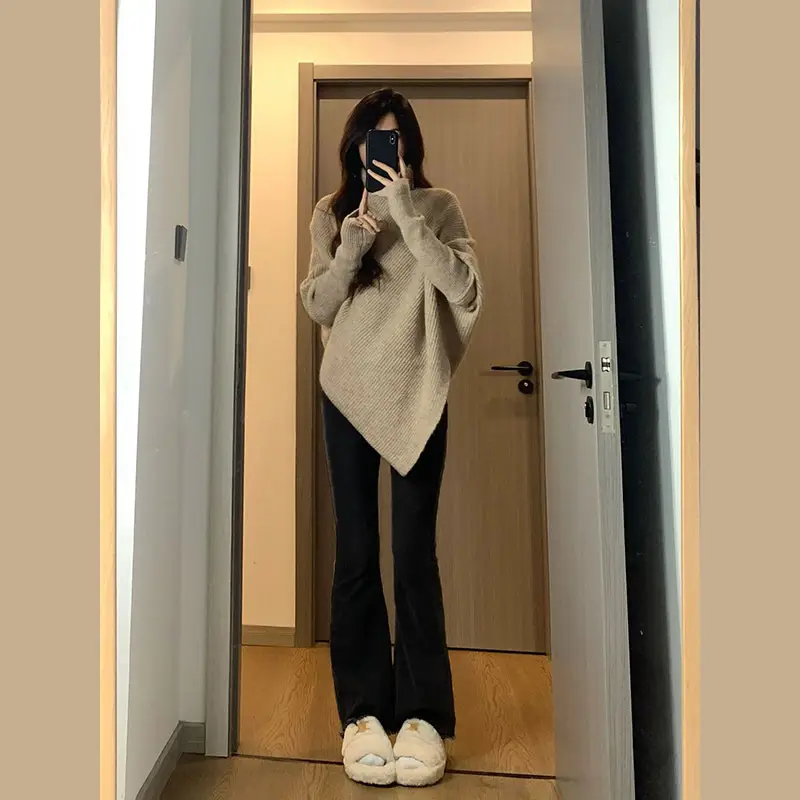 Women Red Asymmetrical Knitted Sweater Winter Warm Loose Fit — feature 8
