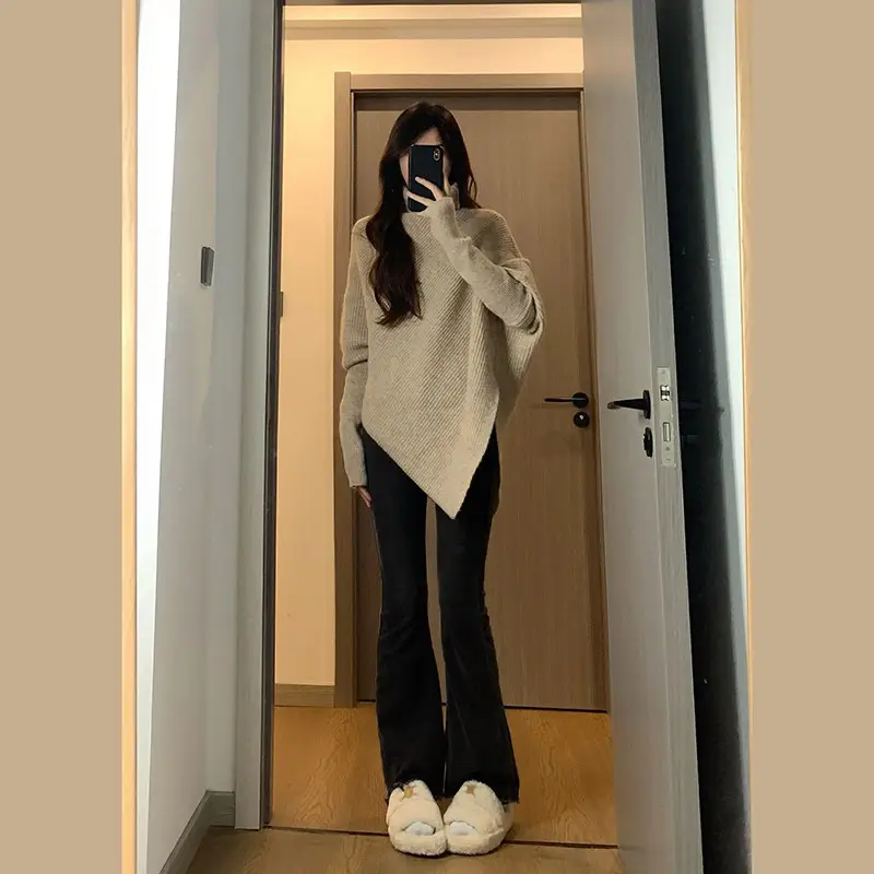 Women Red Asymmetrical Knitted Sweater Winter Warm Loose Fit — feature 9