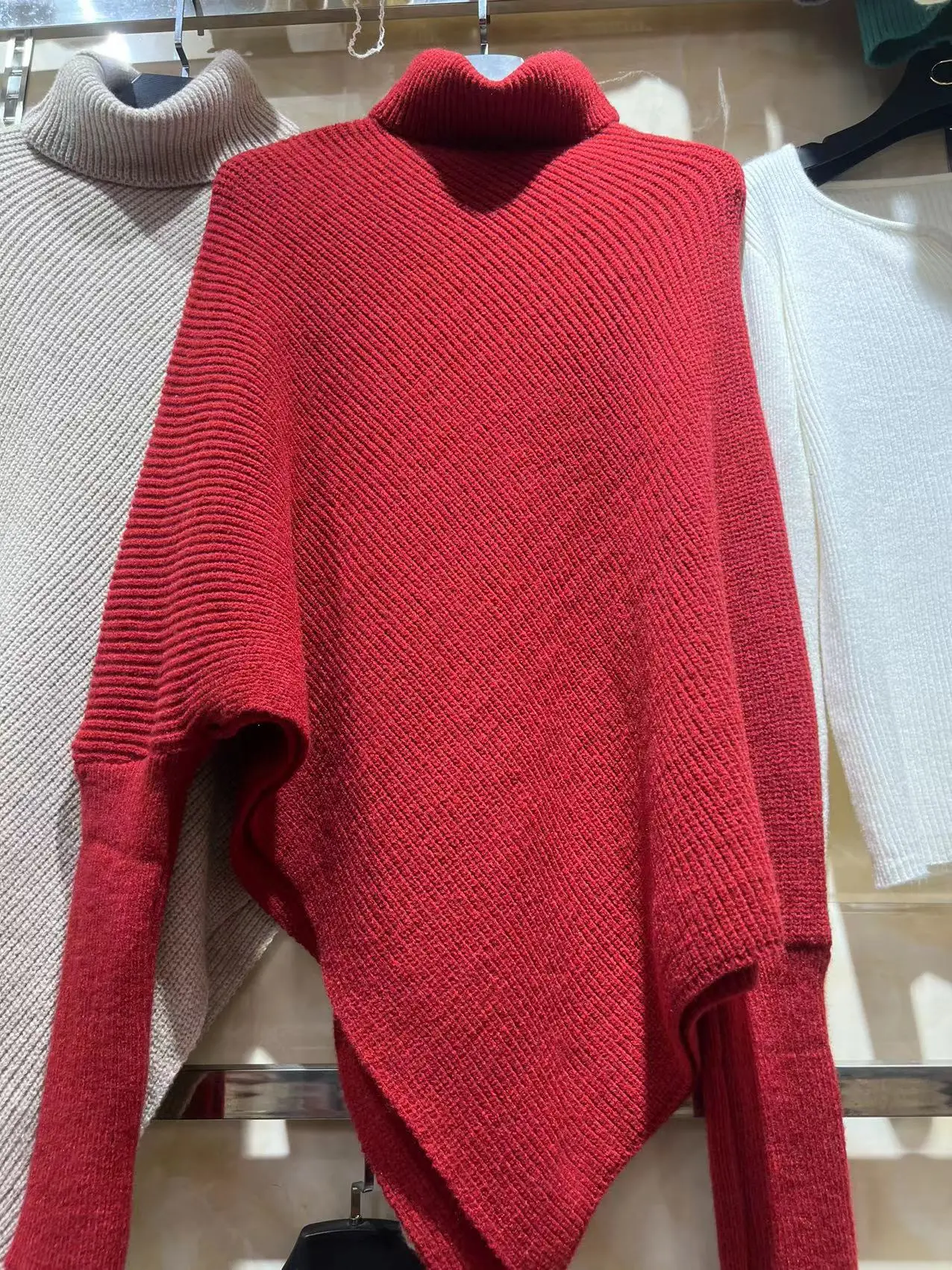 Women Red Asymmetrical Knitted Sweater Winter Warm Loose Fit - Image 3
