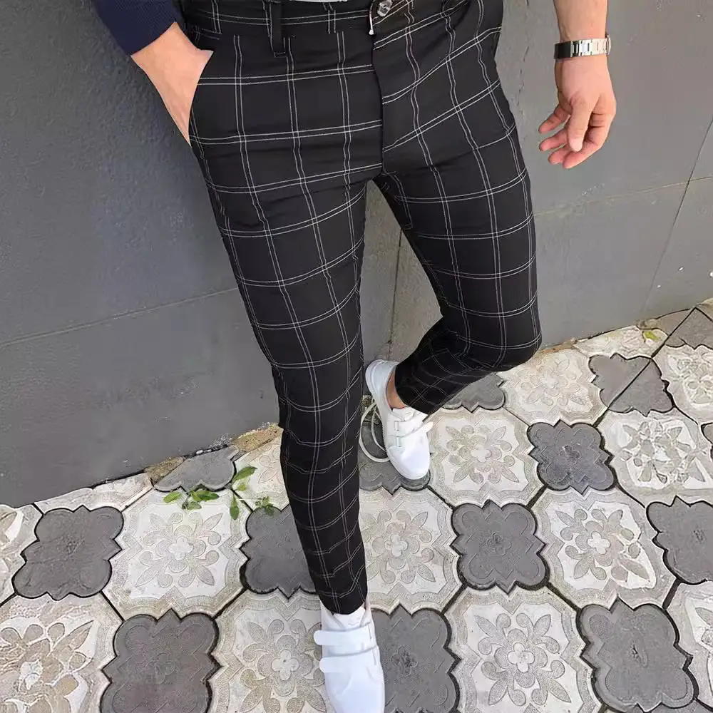 Men's Grey Striped Slim Fit Pencil Pants Mid Waist Casual Wear - Image 61