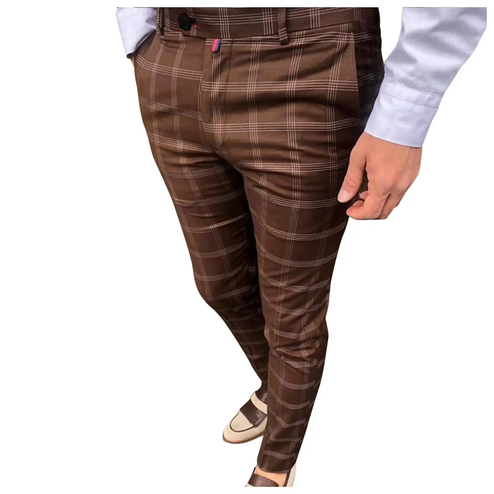 Men's Grey Striped Slim Fit Pencil Pants Mid Waist Casual Wear - Image 62