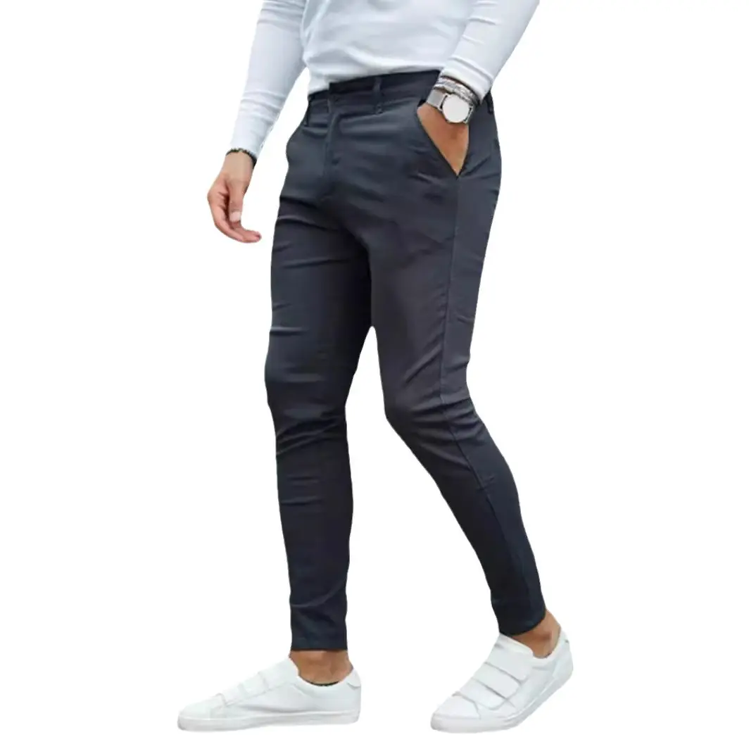 Men's Grey Striped Slim Fit Pencil Pants Mid Waist Casual Wear - Image 63