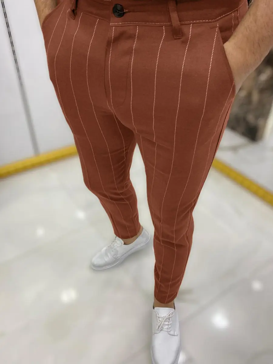 Men's Grey Striped Slim Fit Pencil Pants Mid Waist Casual Wear — feature 11