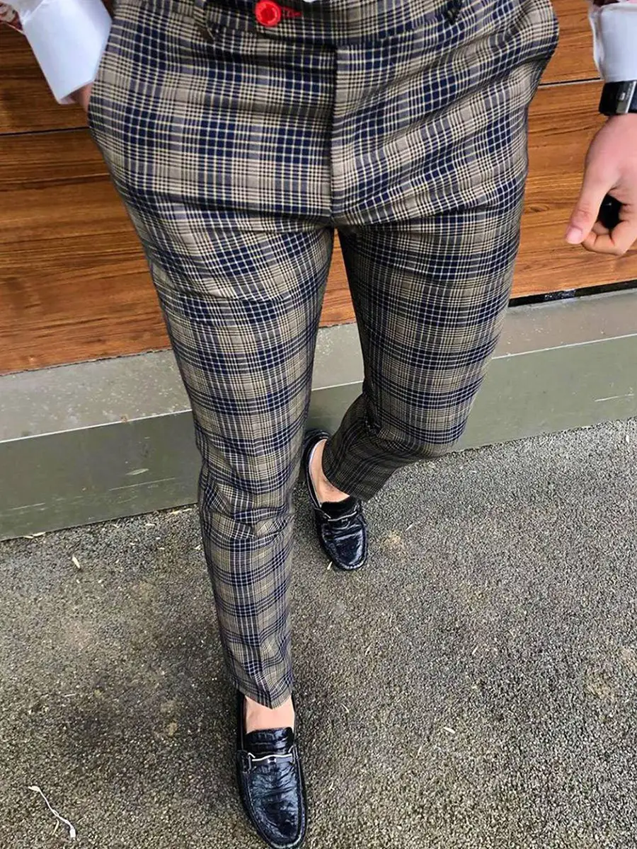 Men's Grey Striped Slim Fit Pencil Pants Mid Waist Casual Wear — feature 13