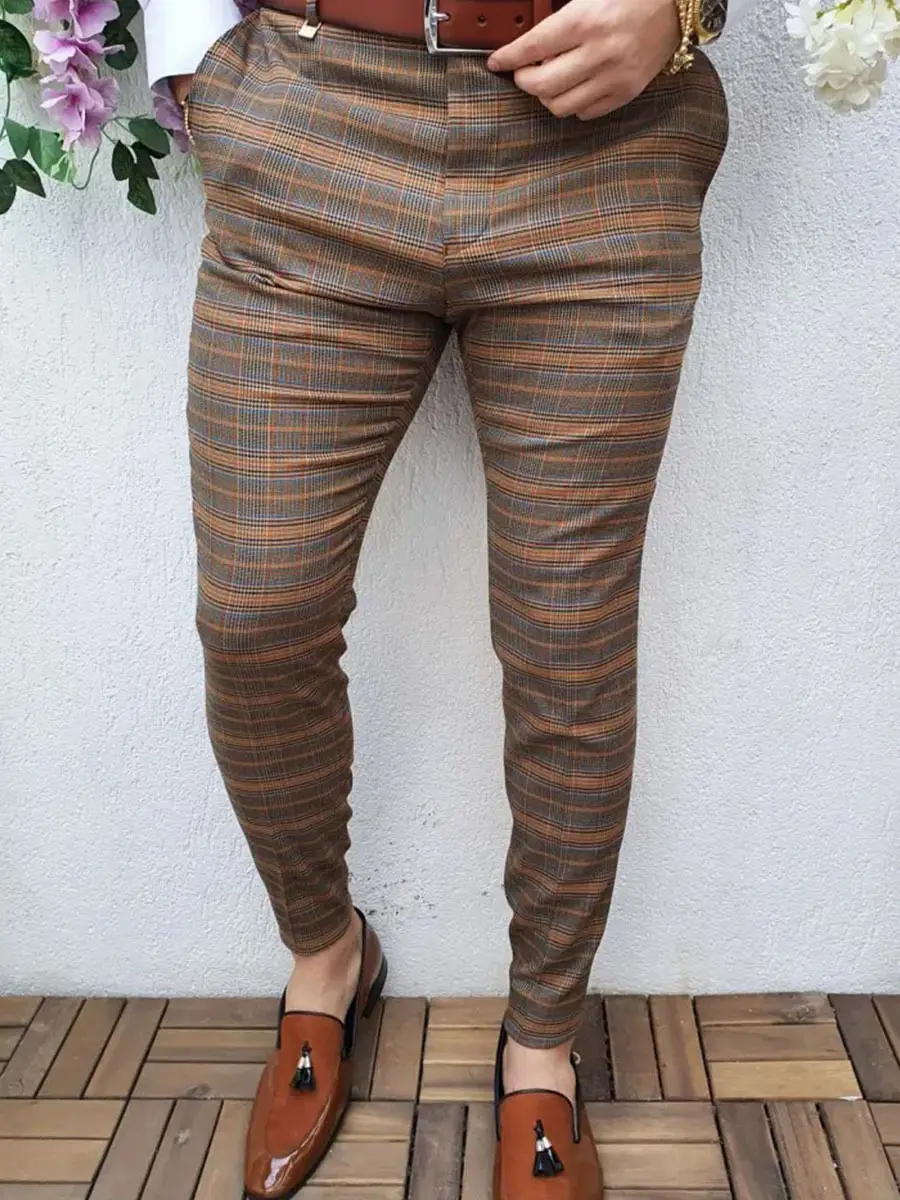 Men's Grey Striped Slim Fit Pencil Pants Mid Waist Casual Wear — feature 24