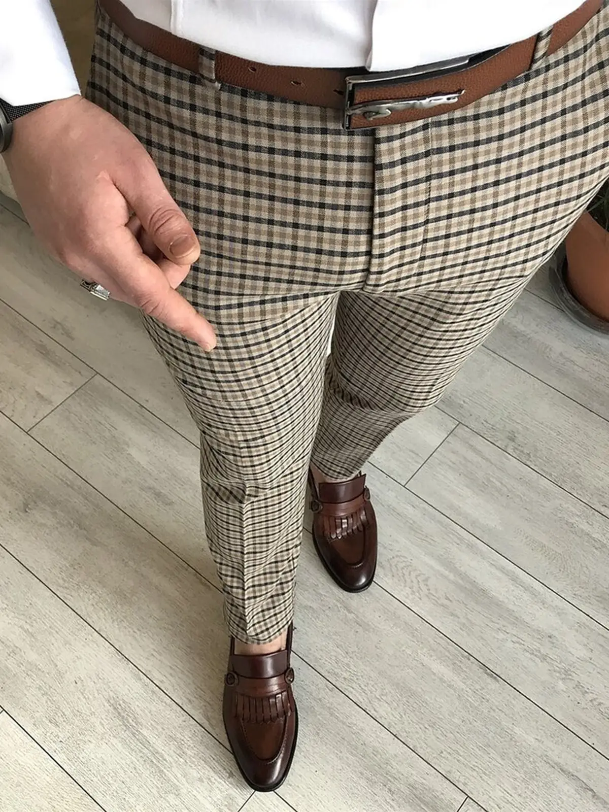 Men's Grey Striped Slim Fit Pencil Pants Mid Waist Casual Wear — feature 25
