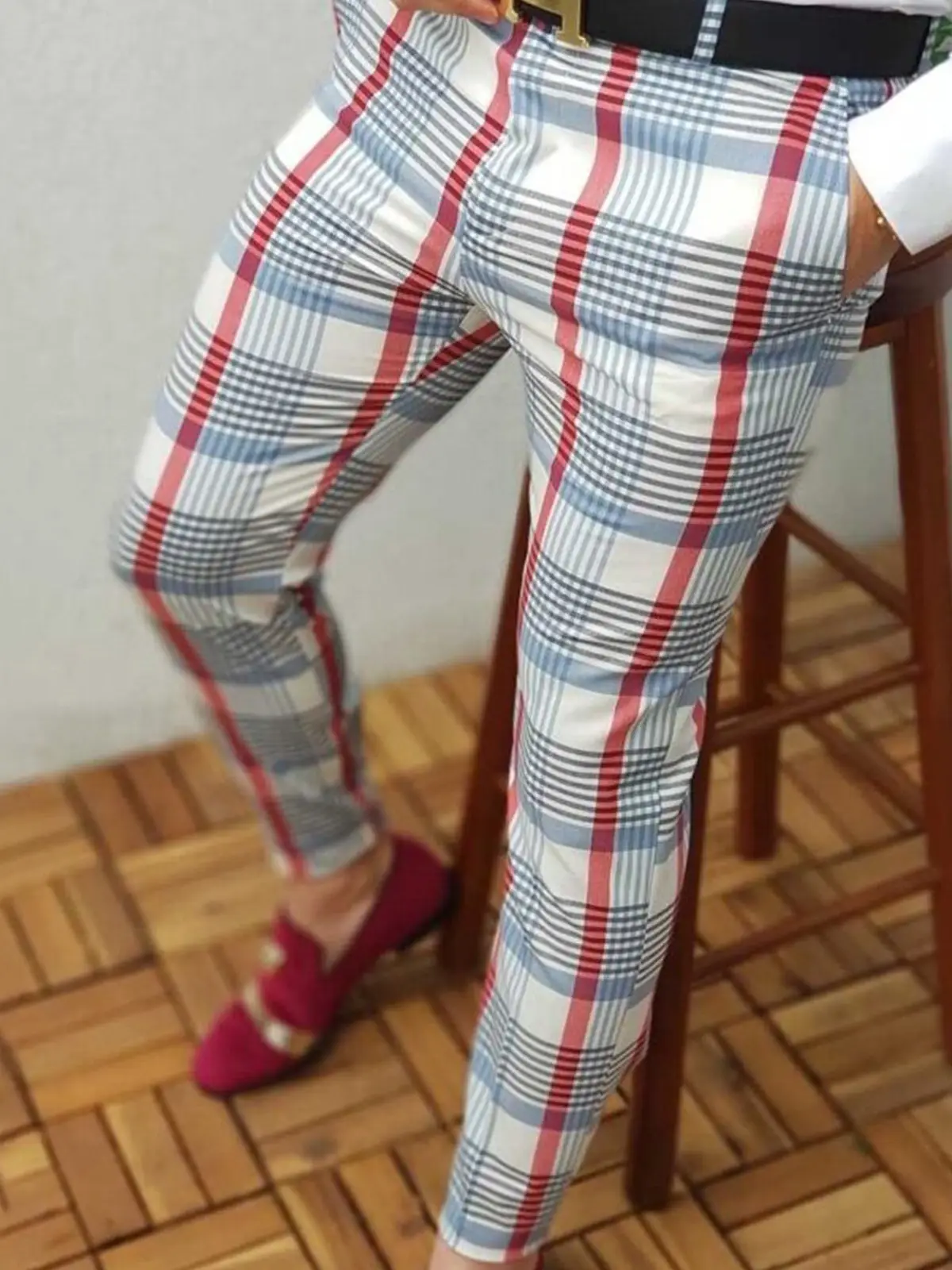 Men's Grey Striped Slim Fit Pencil Pants Mid Waist Casual Wear — feature 29