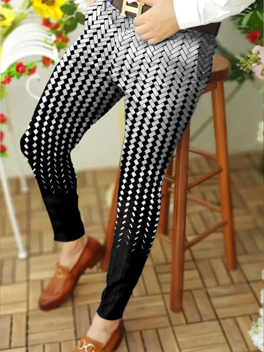 Men's Grey Striped Slim Fit Pencil Pants Mid Waist Casual Wear — feature 30