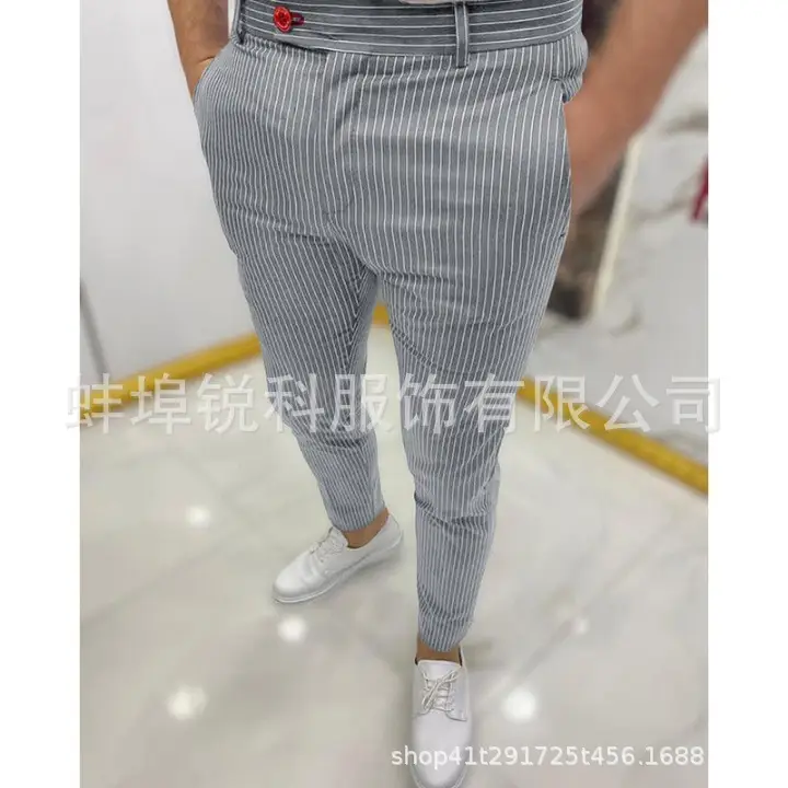 Men's Grey Striped Slim Fit Pencil Pants Mid Waist Casual Wear — feature 36