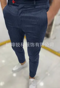 Men's Grey Striped Slim Fit Pencil Pants Mid Waist Casual Wear — feature 39
