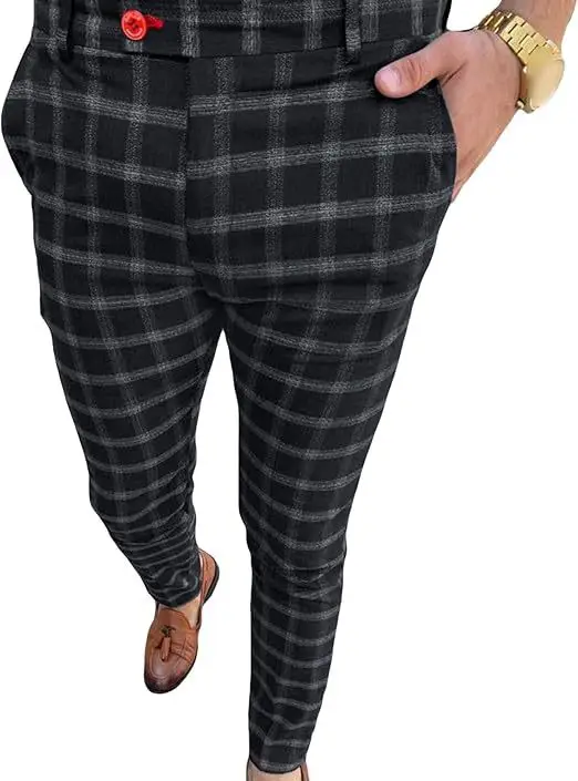 Men's Grey Striped Slim Fit Pencil Pants Mid Waist Casual Wear — feature 46