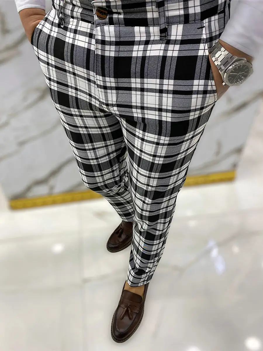 Men's Grey Striped Slim Fit Pencil Pants Mid Waist Casual Wear — feature 7