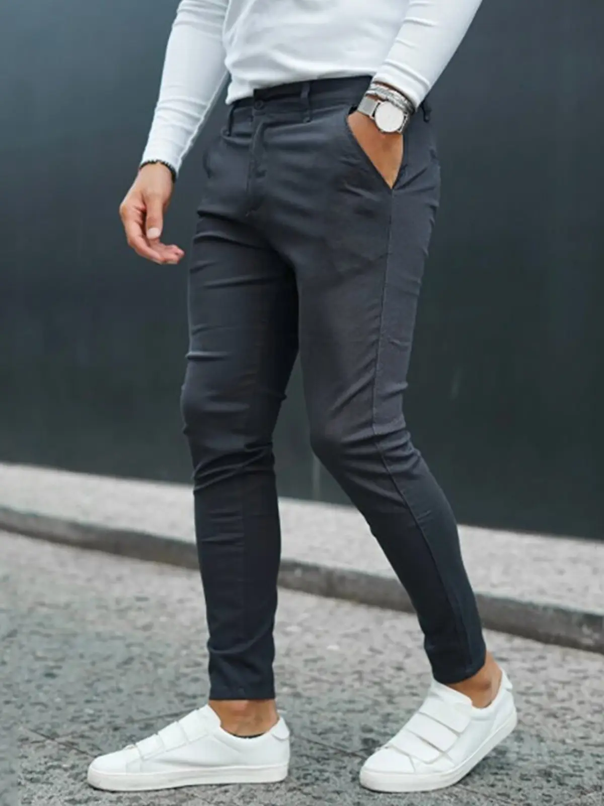 Men's Grey Striped Slim Fit Pencil Pants Mid Waist Casual Wear — feature 17