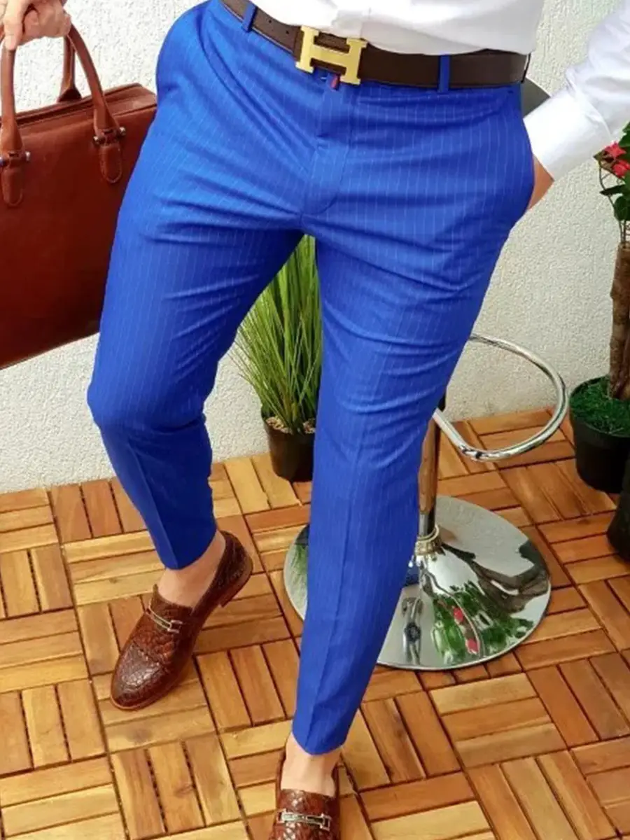 Men's Grey Striped Slim Fit Pencil Pants Mid Waist Casual Wear — feature 33