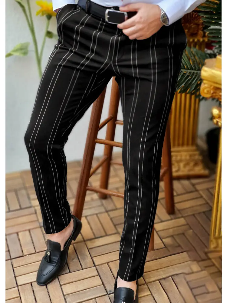 Men's Grey Striped Slim Fit Pencil Pants Mid Waist Casual Wear — feature 5